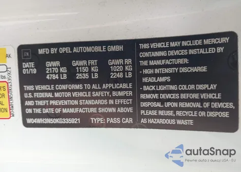 2019 Buick Cascada Premium z USA, uszkodzony, nr VIN W04WH3N50KG335921